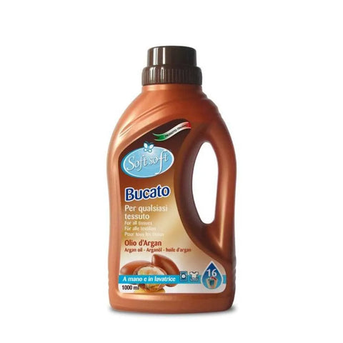 Soft vloeibaar wasmiddel met arganolie, 1L fles, ideaal voor alle stoffen.