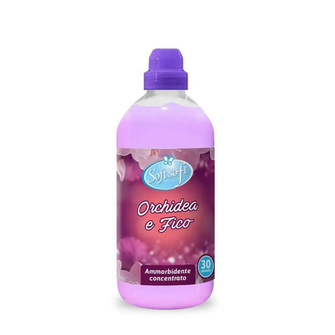 Soft Geconcentreerde Wasverzachter vijgen en orchidee 750 ml bottle with purple cap.