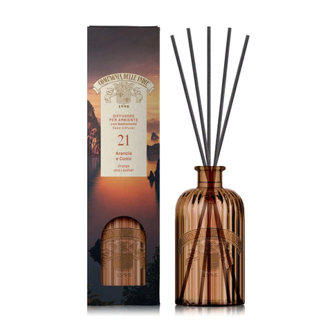 Compagnia delle Indie handzeep nr 21 sinaasappel en leder diffuser with glass bottle and dark reeds, 1000ml.