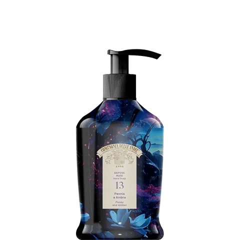 Compagnia delle Indie Pioenroos en Amber handzeep, 1000ml bottle with floral design.