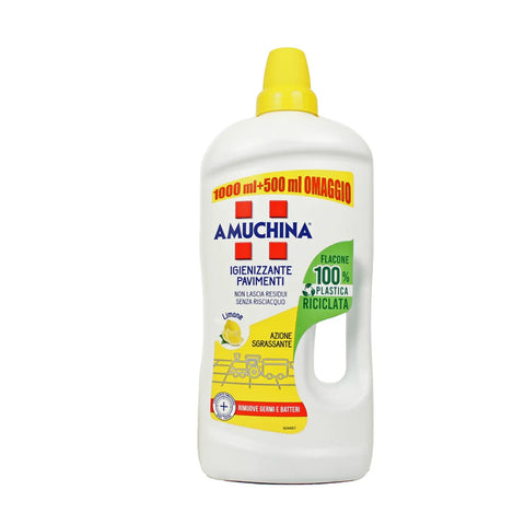 Amuchina hygienische vloerreiniger limoen 1.5L bottle with lemon graphic and recycled plastic label.