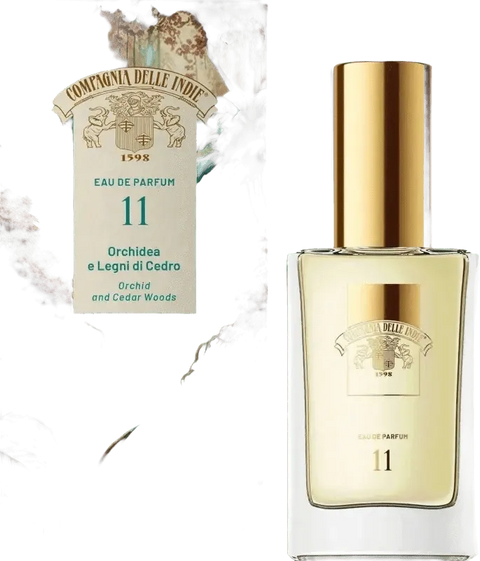 Compagnia delle Indie eau de parfum orchidee en cederhout nr11, 75ml bottle, exotic and woody fragrance packaging.