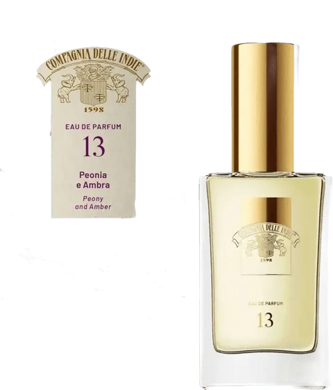 Compagnia delle Indie eau de parfum pioenroos en amber nr13, 75ml bottle with artistic packaging.