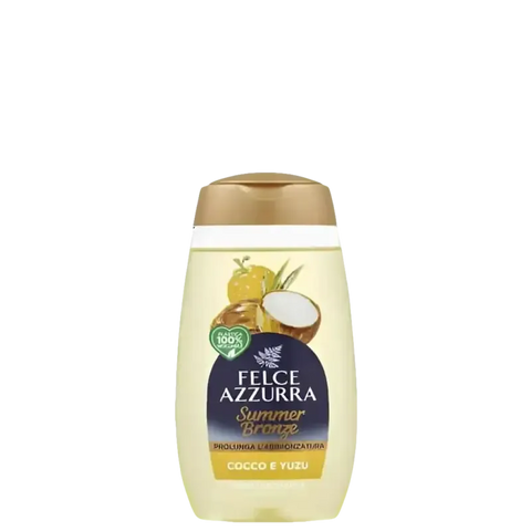 Felce Azzurra douche bronze kokos yuzu 250ml shower gel bottle with coconut and citrus design.