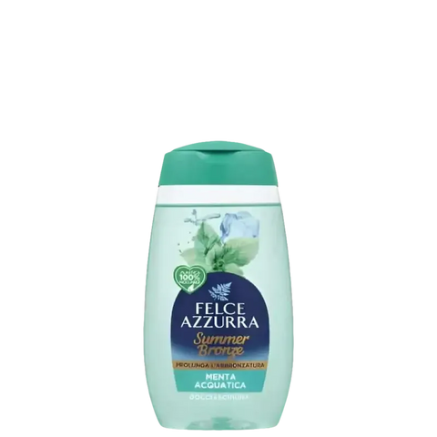 Felce Azzurra douche bronze menta 250ml, mint and eucalyptus scent, enriched with walnut shells and soothing ingredients.