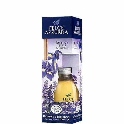 Felce Azzurra geurstokjes lavendel en iris 200ml diffuser with wooden sticks.
