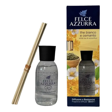 Felce Azzurra geurstokjes witte osmanthusthee 120ml diffuser set with packaging.