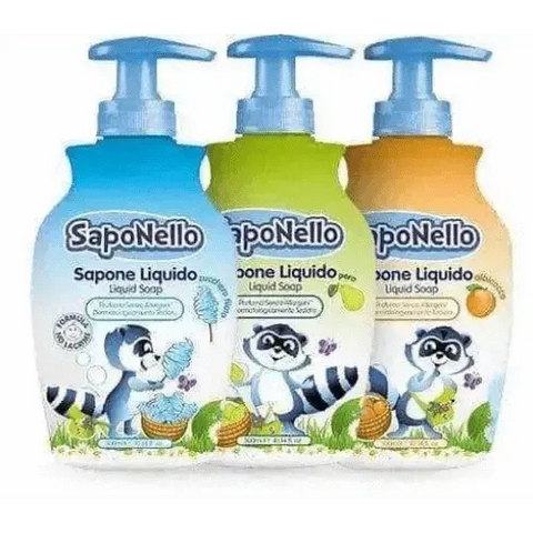 Felce Azzurra kindvriendelijke handzeep abrikozen 300ml fles met kleurrijk label en cartoonontwerp.