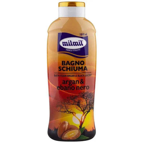 Mil mil bad en douche argan en zwart ebbenhout 1000ml fles met exotische geur en dermatologisch geteste formule.