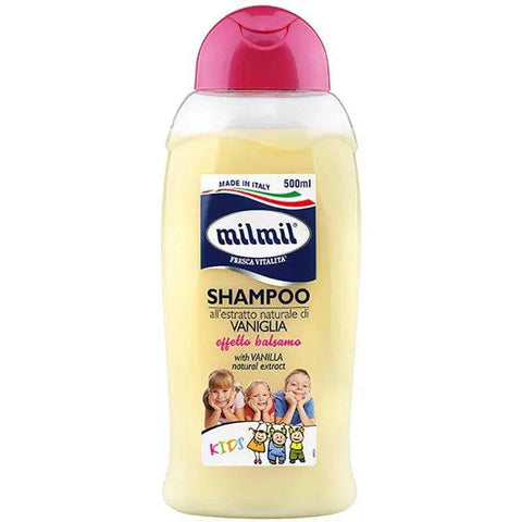 Mil Mil baby shampoo with natural vanilla extract 500 ml bottle, gentle detangling formula for kids.