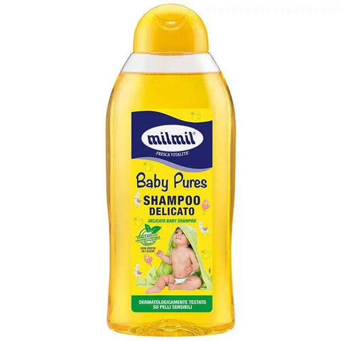 Mil Mil Shampoo Delicate Baby Pure 750 ml bottle with chamomile extract for soft hair, hypoallergenic and paraben-free.