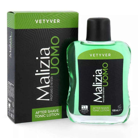 Malizia vetyver aftershave 100ml bottle and box with elegant fresh scent.