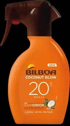 Bilboa Coconut Glow Spray SPF 20 with coconut oil in 250ml trigger spray bottle.