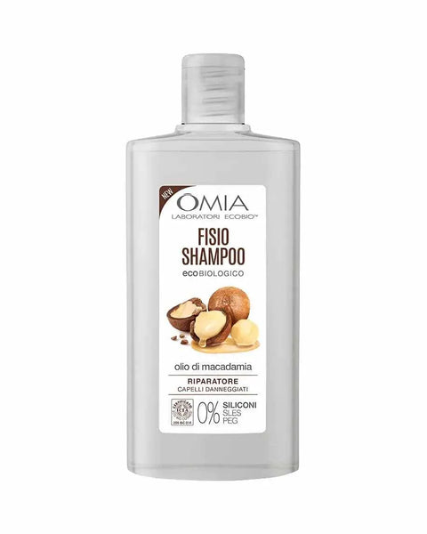Omia shampoo macadamia biologisch 250ml bottle for stressed and dull hair and sensitive scalp.