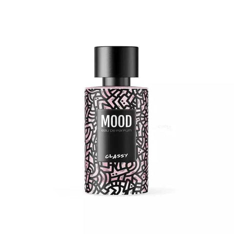 MOOD eau de parfum Classy 100ml bottle with intricate black and pink design.