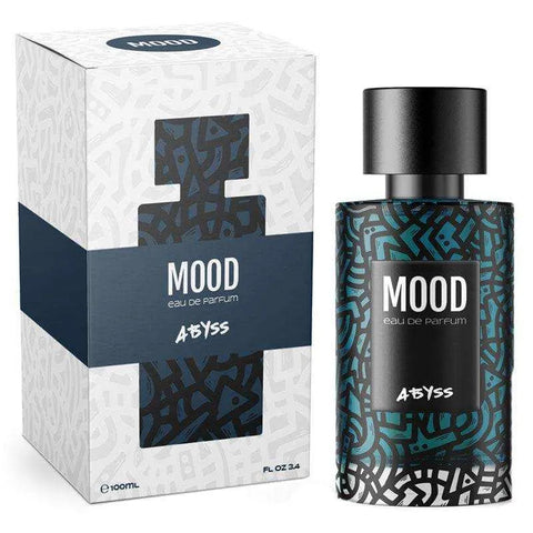 MOOD eau de parfum abyss 100ml bottle with packaging, featuring bergamot, lotus flower, and sea breeze notes.
