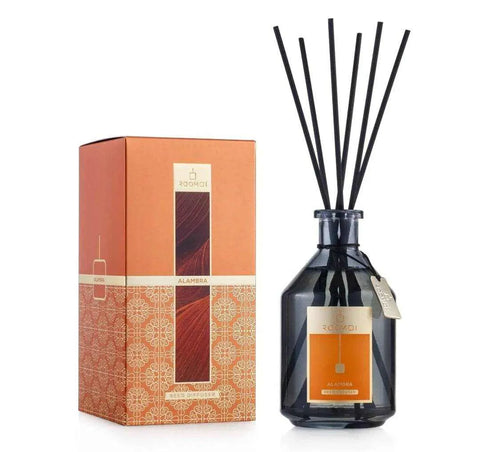 ROOMOI geurstokjes alambra 500ml met oosterse en verleidelijke ambergeur, zwart glazen fles met stokjes.