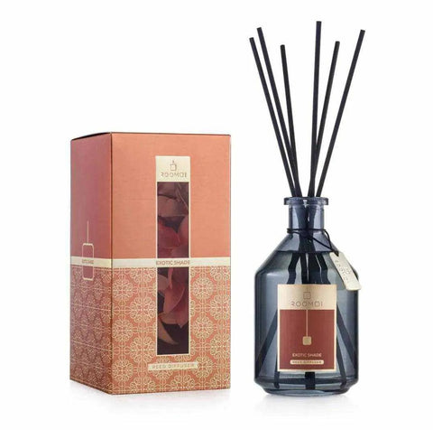 ROOMOI geurstokjes Exotic Shade 500ml in stijlvolle verpakking met fles en geurstaafjes.
