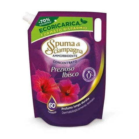 Spuma di Sciampagna geconcentreerde wasverzachter hibiscus ecologische navulling 60 wasbeurten, 1200ml verpakking.