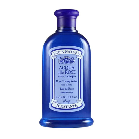 Rudy acqua di rose rozenwater 250ml blue bottle with floral notes and hydrating formula.