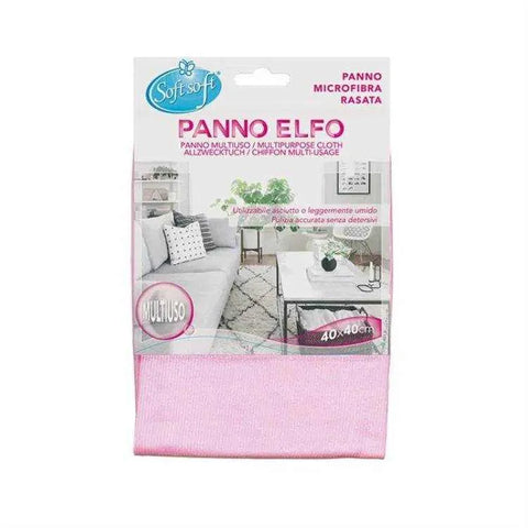 Soft multifunctionele microvezel doek Elfo roze verpakking met woonkamer interieur print.