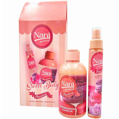 Nani suarez cadeauverpakking bodymist en bad/douche gourmand macarons