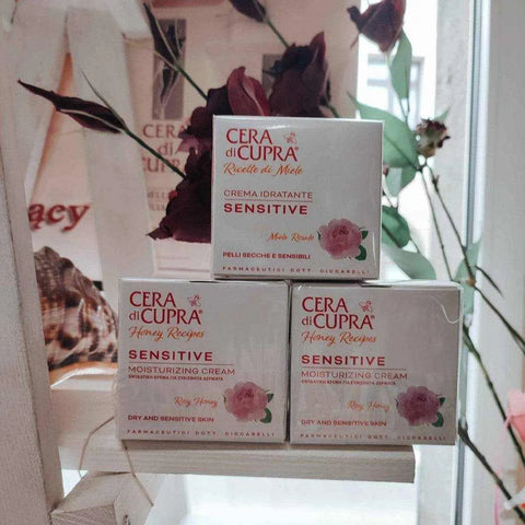 Cera di Cupra hydraterende crème voor de gevoelige huid, 50ml verpakking, speciaal voor droge en gevoelige huid, met rozenhoning en jojoba-olie.
