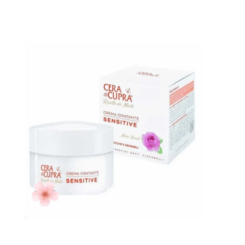 Cera di Cupra hydraterende crème voor gevoelige huid - 50ml, met rozenhoning en jojoba-olie, in witte pot naast verpakking.