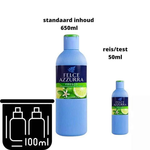 Felce Azzurra reis/formaat bad en douchecreme fresco bergamot en cederHemelse-geuren.nlFelce Azzurra reisformaat bad en douchecreme fresco bergamot en cederhout 50ml