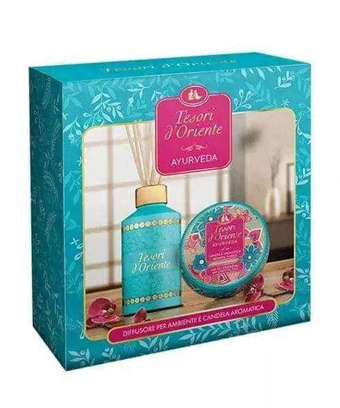 Tesori d'Oriente Ayurveda cadeauverpakking met kaars en geurstokjes.