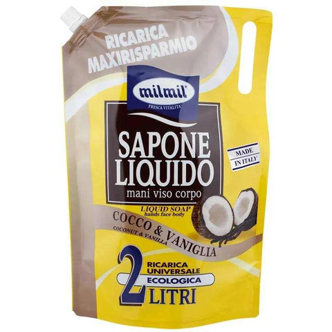 Mil Mil ecologische kokos en vanille navulling, 2000 ml, voor gezicht, handen en douche.
