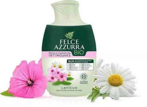 Felce Azzurra intiemzeep met biologische malva en kamille, 250ml fles, natuurlijk en zacht voor dagelijkse intieme hygiëne.