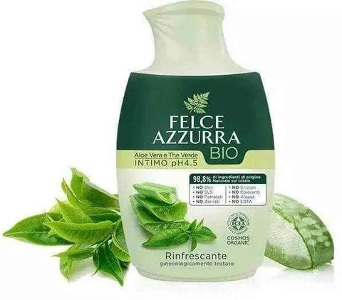 Felce Azzurra biologische intiemzeep met aloë vera en groene thee, 250ml fles.