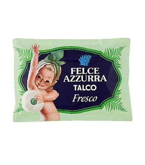Felce Azzurra Bergamot Fresco talkpoeder 100g verpakking met kind en fris design.