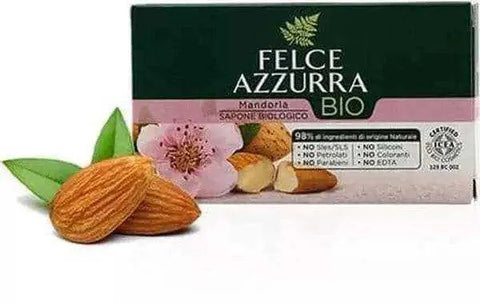 Felce Azzurra zeepblokje met biologische amandelolie verpakking.