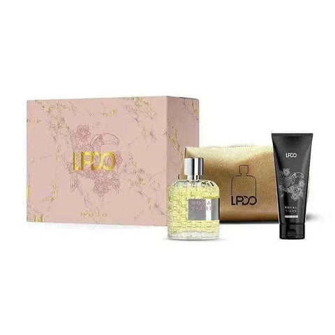 LPDO Royal Tiaré gift set with 100ml eau de parfum, shower cream, and cosmetic bag.