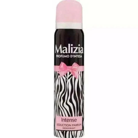 Malizia deodorant intense seduction 100ml bottle with zebra pattern and pink details.