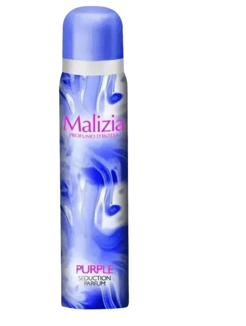 Malizia deodorant purple 100ml spray bottle with modern design.