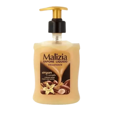 Malizia handzeep argan vanille, 300ml bottle with pump, featuring argan and vanilla scents.