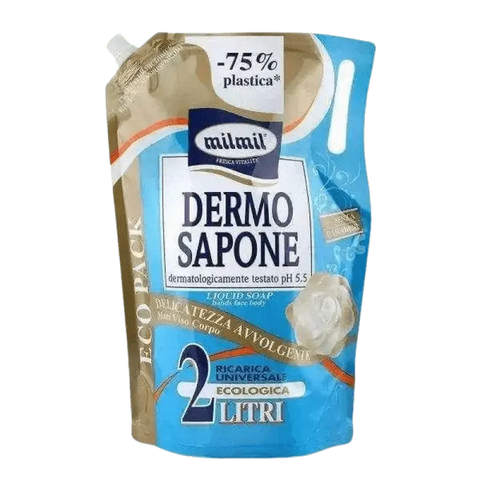 Milmil eco-friendly dermosapone refill for face, hands, and shower, 2-liter liquid soap.
