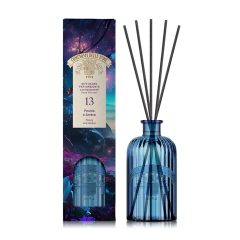 Compagnia delle Indie handzeep nr 13, Peony and Amber diffuser with handcrafted glass bottle and dark reeds.