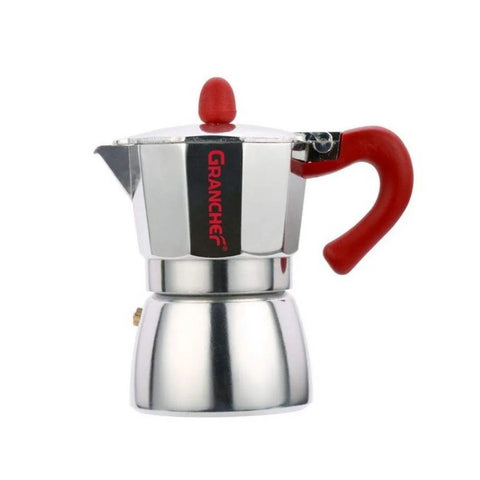 Bib Caffettiera 3-kops espressomaker met rode handgreep.