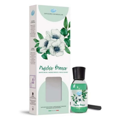 Soft geurstokjes white musk diffuser 125ml with elegant floral packaging.
