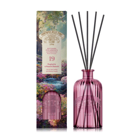 Compagnia delle Indie musk and lily of the valley hand soap in a handcrafted glass diffuser with black reeds.