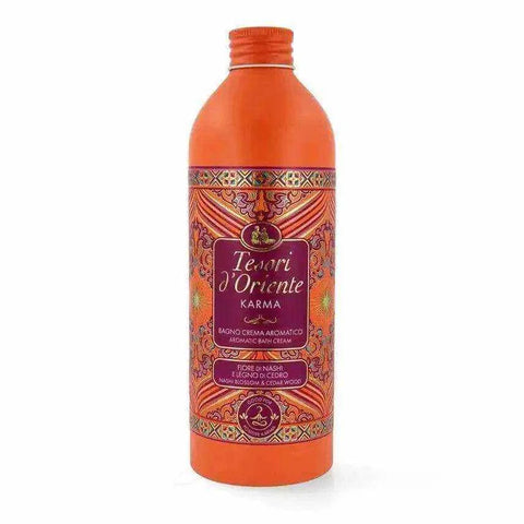 Tesori d'oriente bad en douche creme karma 500ml bottle with a blend of bergamot, lemon, floral, and cedarwood notes.