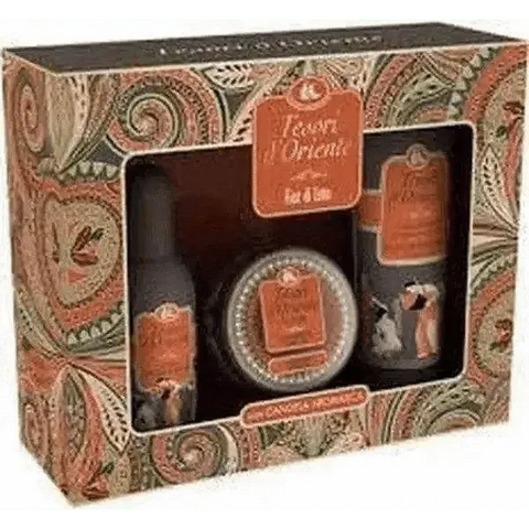 Tesori d'Oriente gift set with Lotus Flower fragrance, including 100ml perfume, 104g scented candle, and 250ml shower cream.