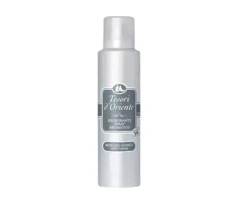 Oriente deodorant spray white musk 150ml bottle with white packaging.