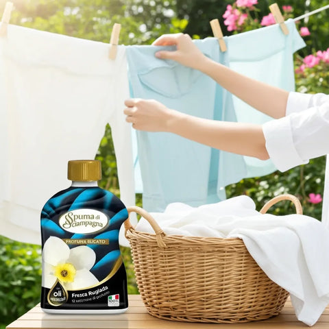 Spuma di Sciampagna, parfum de lessive concentré et intensif à la fraîcheur du matin, aux huiles essentielles.