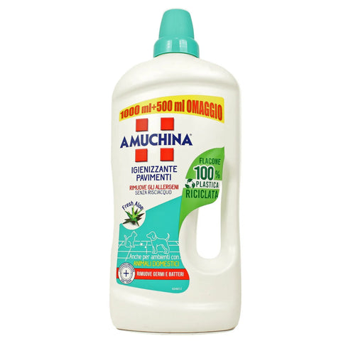 Amuchina hygienische vloerreiniger 1.5L met aloë vera, veilig voor huisdieren, 100% gerecycled plastic verpakking.
