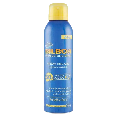 Bilboa zonnebrand spuitbus SPF 50+ met cacaoboter, hypoallergene spray met UVA/UVB bescherming.